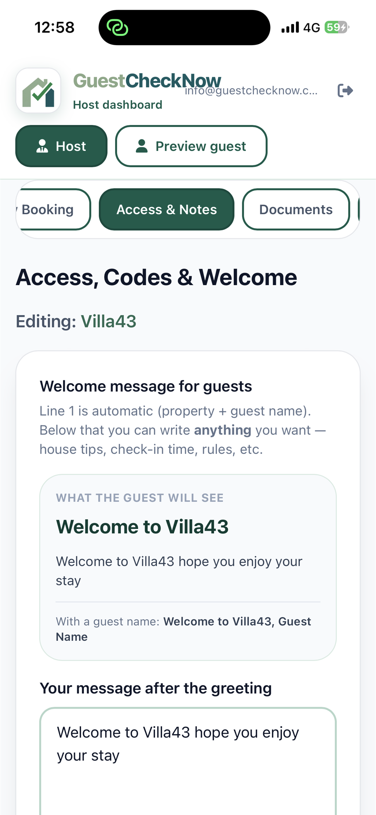Host editing a welcome message and access notes for a property