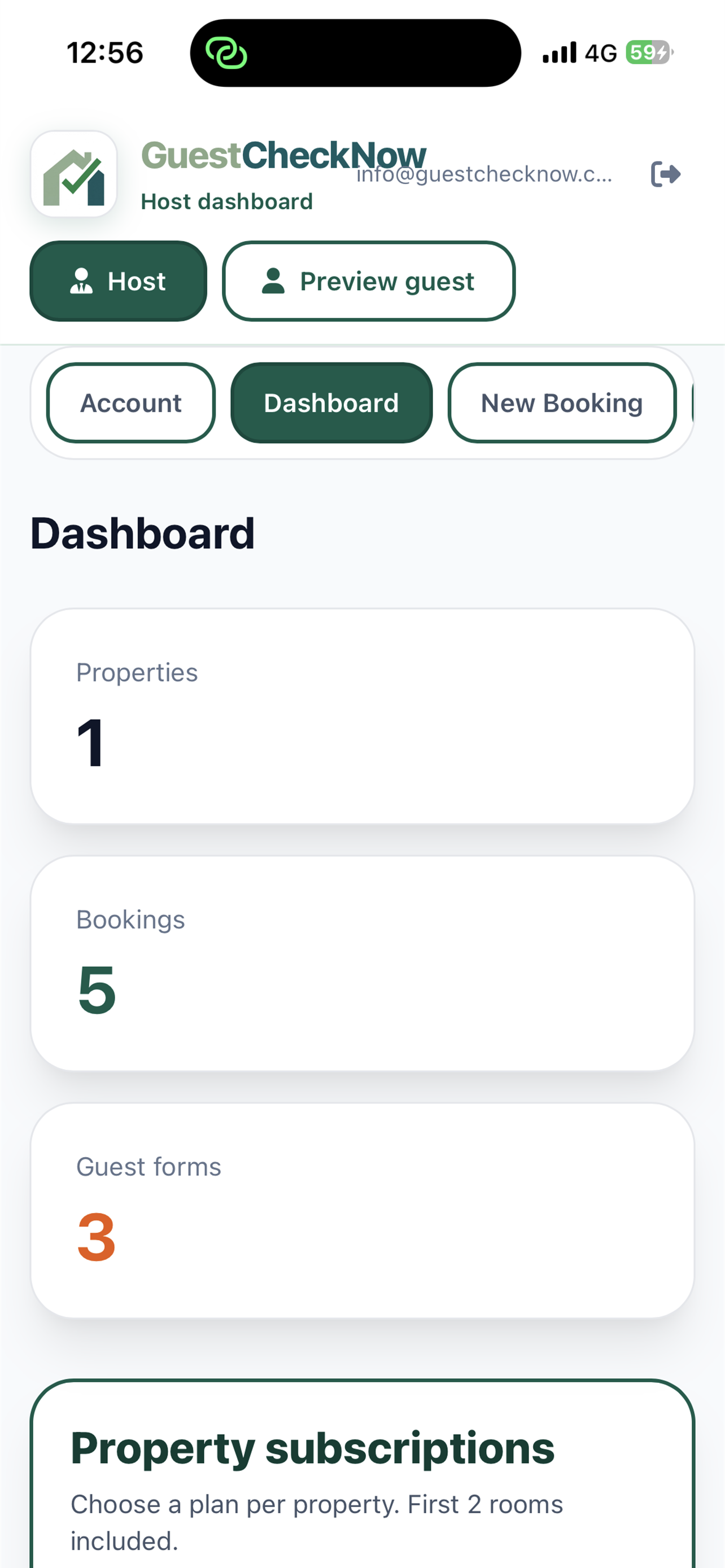 Host dashboard showing properties, bookings and guest forms