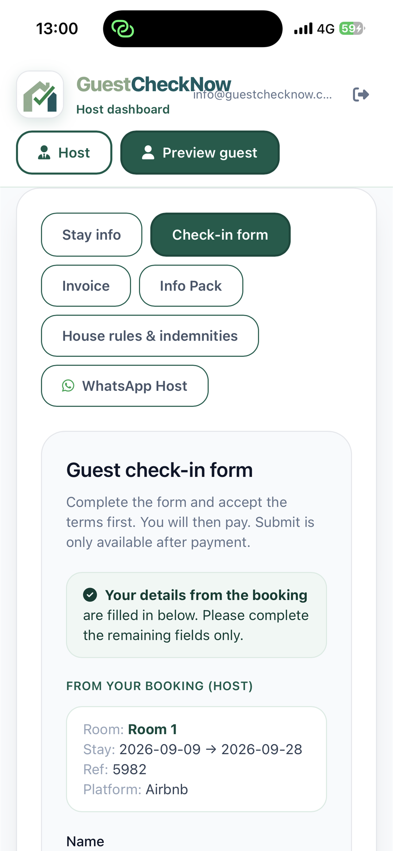 Guest check-in form on a phone